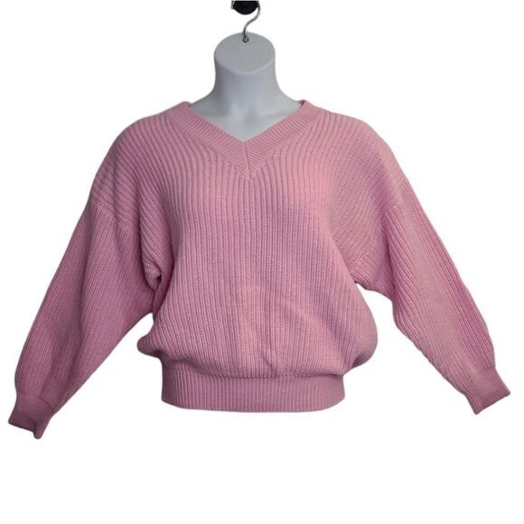 VINTAGE 80s pink v-neck slouchy barbiecore sweater M‎ - Picture 1 of 7